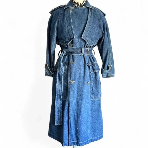 Vintage 90s Lizwear Blue Denim Trench Coat (sz Small/ Oversized Fit) - Picture 1 of 8